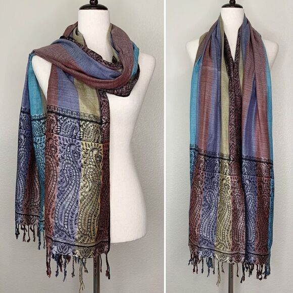 NWT Basha 100% Rayon Colorful Fringe Scarf - Picture 1 of 10